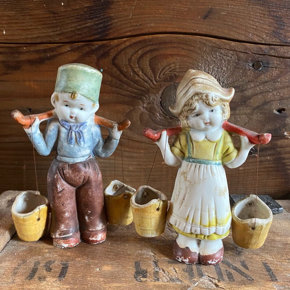 Vintage Made in Japan Boy Girl Figurines Buckets Pair Mid Century Ceramic